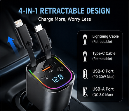 ChargeNova™ C9 120W Retractable Car Charger | 4-in-1 Fast Charging Adapter with Digital Display