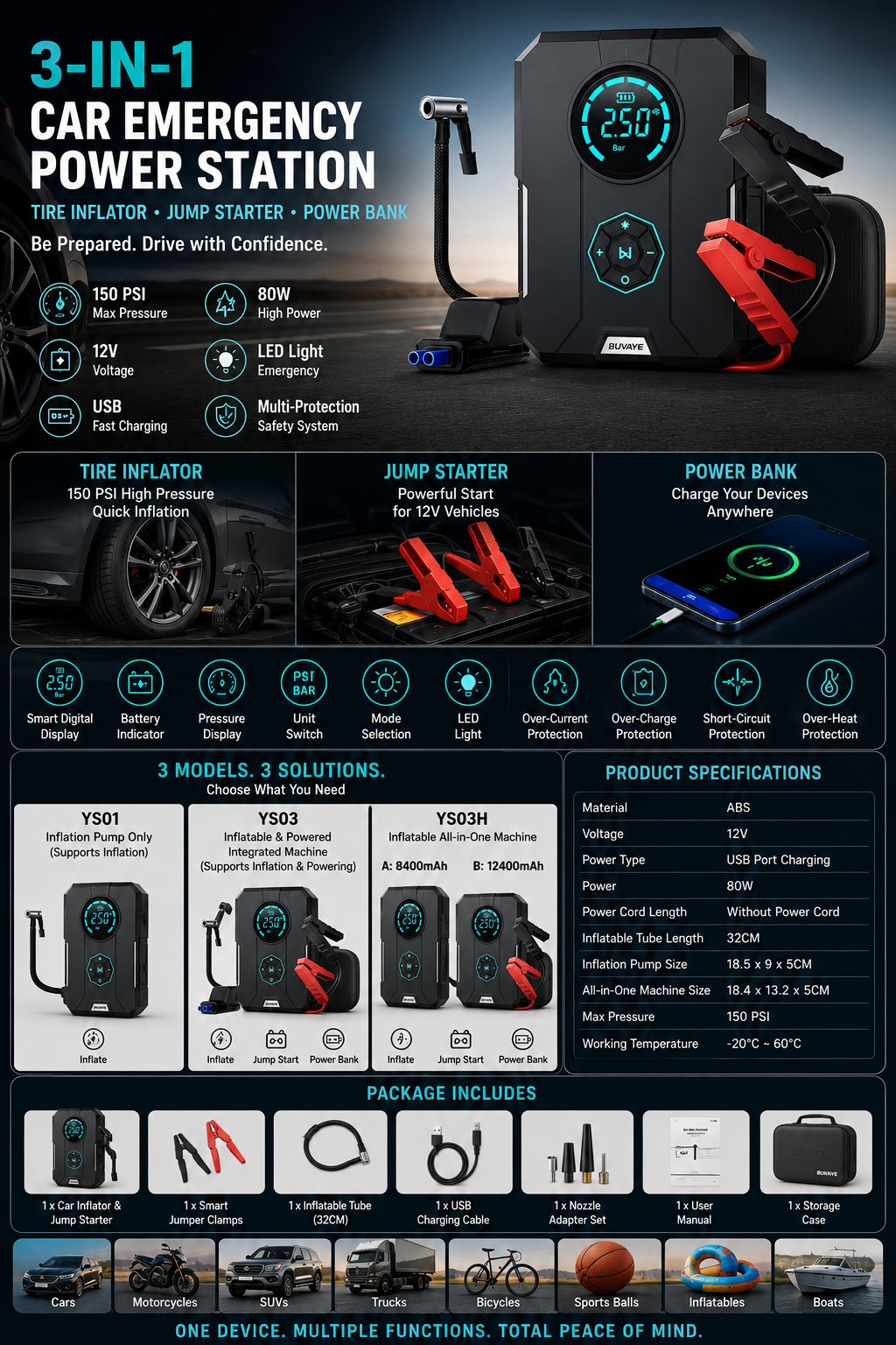 PowerJump™ 3-in-1 Car Tire Inflator & Jump Starter | Portable Air Compressor Power Bank (YS01 / YS03 / YS03H)