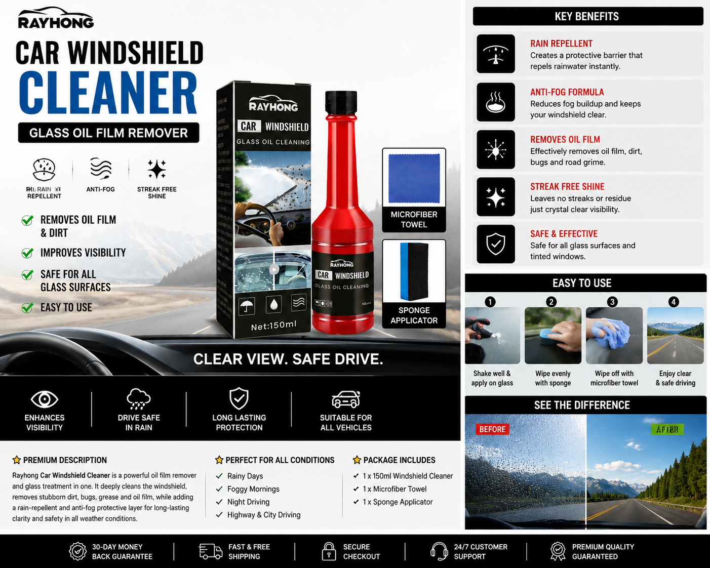 HydroShield™ Car Windshield Cleaner | Rain Repellent & Anti-Fog Glass Treatment (150ml)