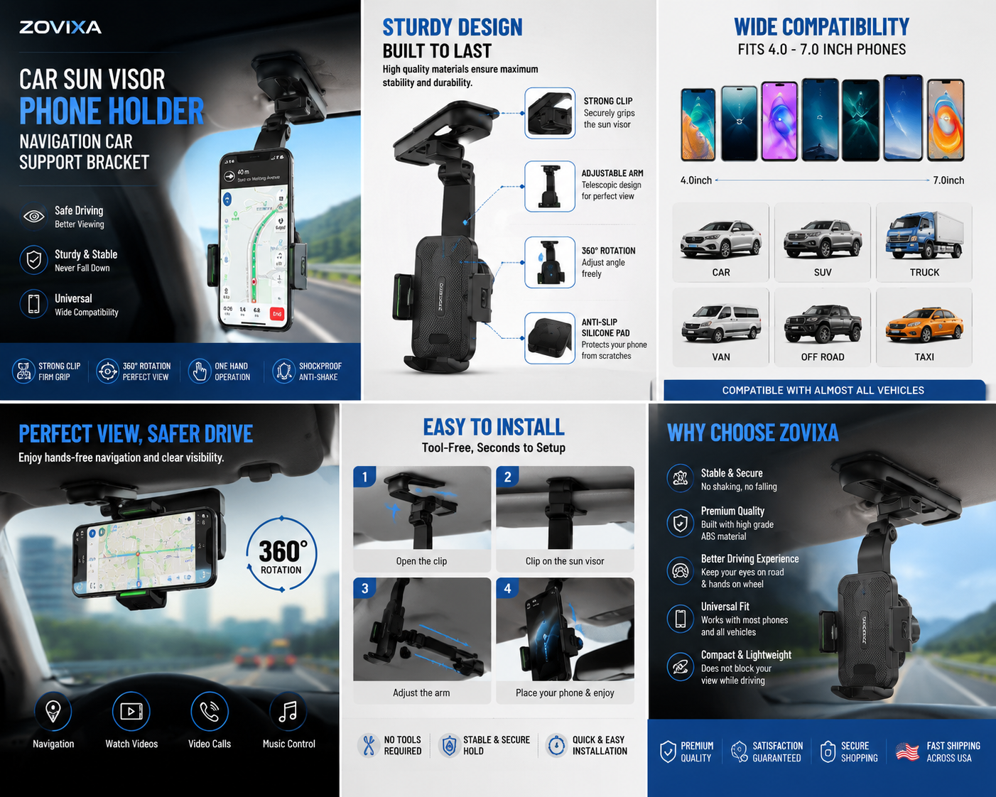 ZOVIXA™ Car Sun Visor Phone Holder – 360° Adjustable Navigation Mount for Safe Hands-Free Driving