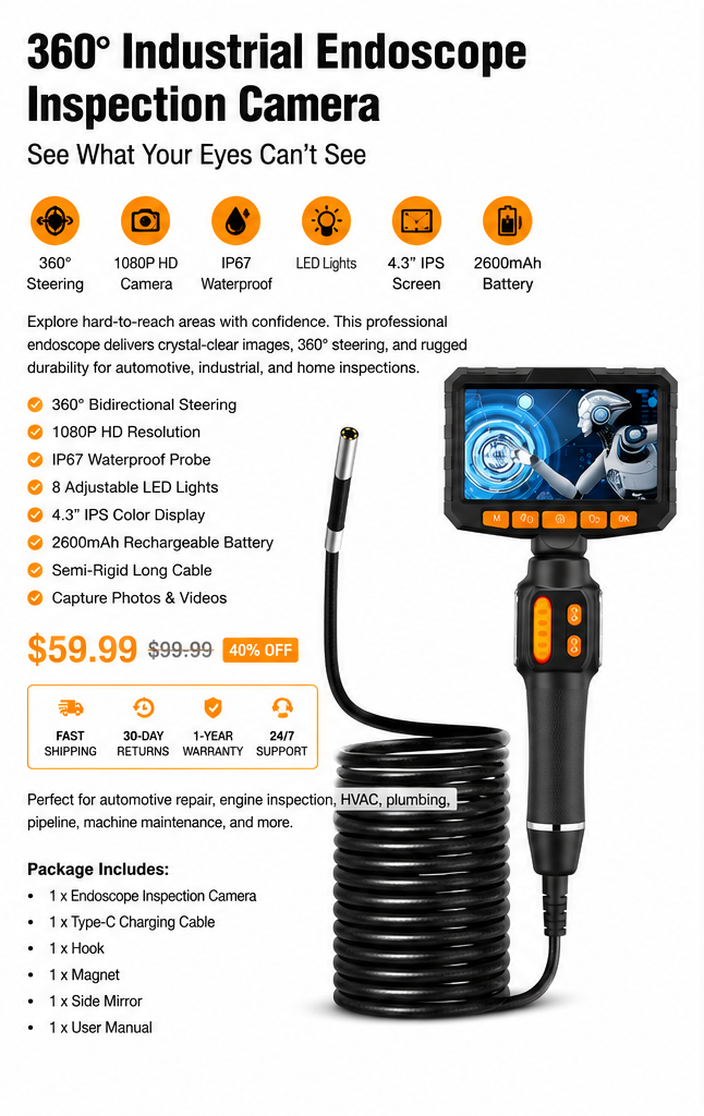 InspectPro™ 4.3" HD Industrial Endoscope Camera | 360° Steering Waterproof Inspection Camera (IP67)