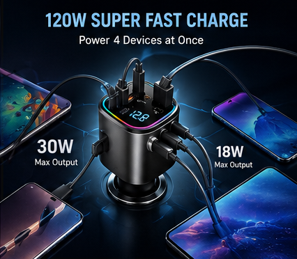ChargeNova™ C9 120W Retractable Car Charger | 4-in-1 Fast Charging Adapter with Digital Display