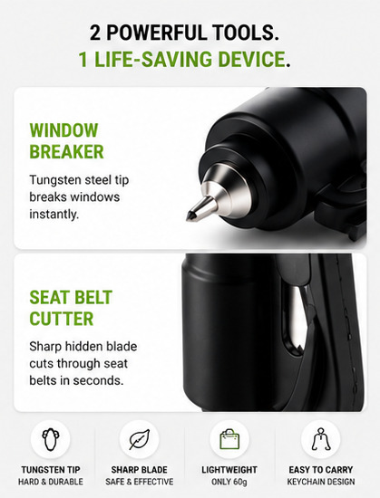 2-in-1 Car Emergency Escape Tool | Window Breaker & Seat Belt Cutter