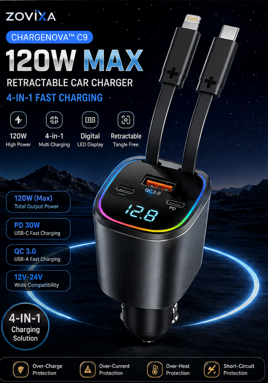 ChargeNova™ C9 120W Retractable Car Charger | 4-in-1 Fast Charging Adapter with Digital Display