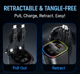 ChargeNova™ C9 120W Retractable Car Charger | 4-in-1 Fast Charging Adapter with Digital Display